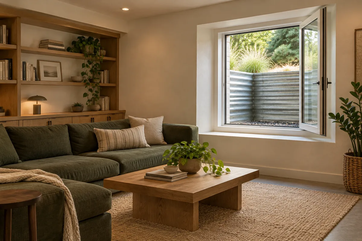 Daylight through a basement casement window, with an exterior metal well and warm interior finishes.