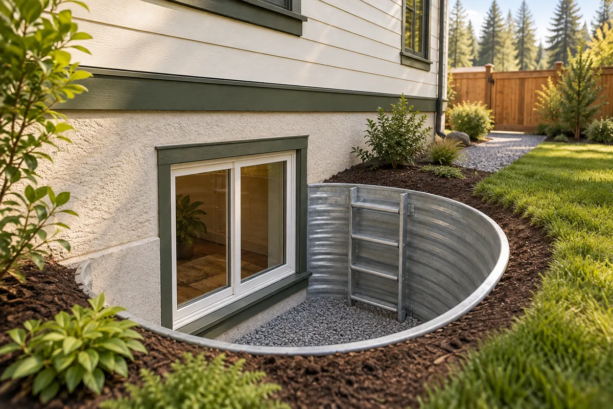 Representative exterior basement window and galvanized well with gravel and a ladder.