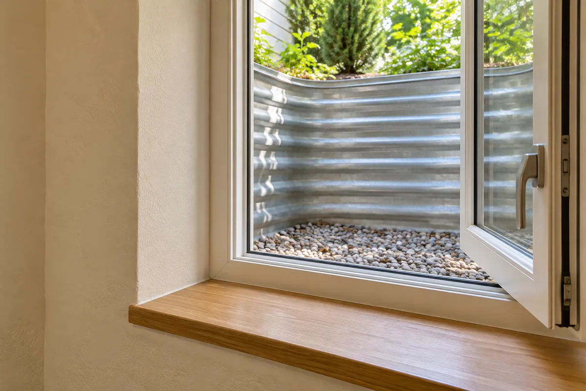 Close view of a casement frame, plaster opening and oak ledge with a well outside.